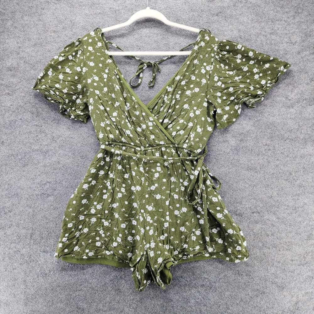 Mi Ami Romper Womens Green Floral V Neck